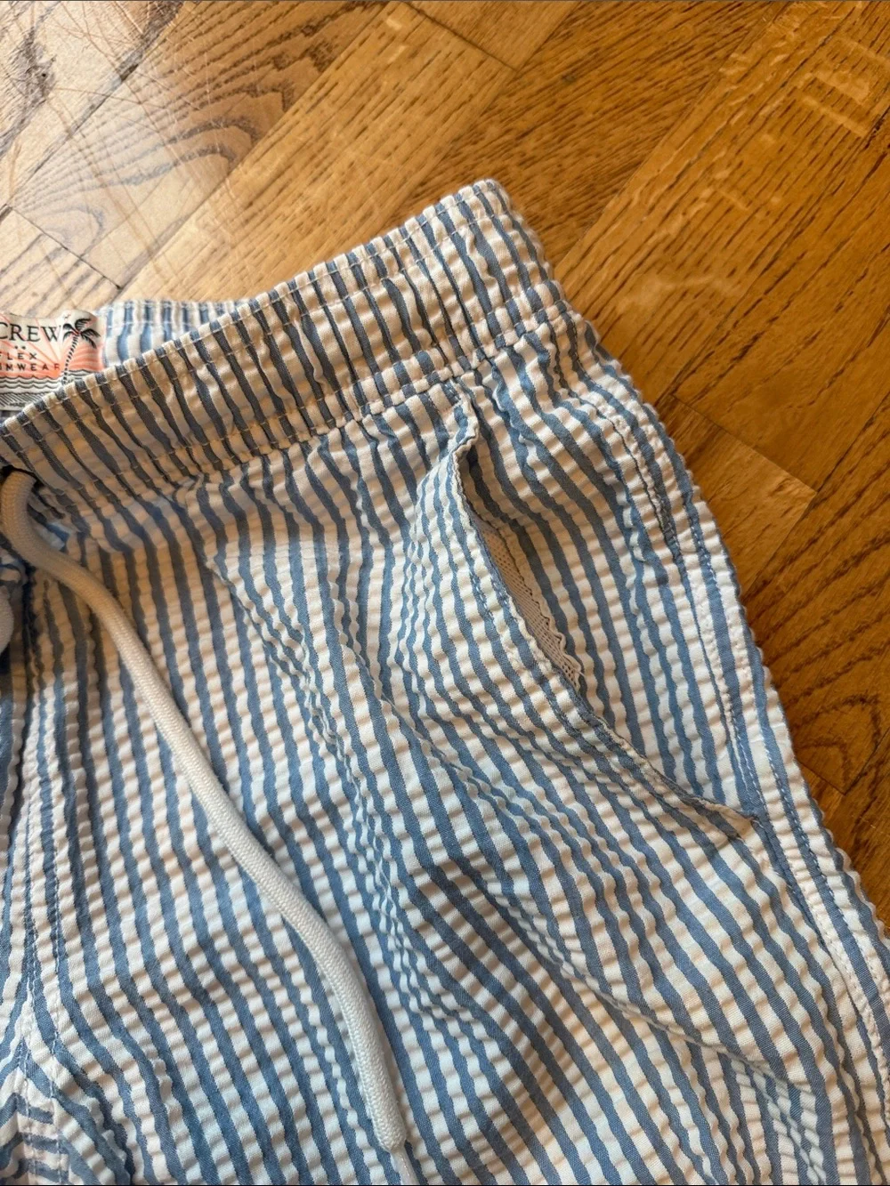 J. Crew Light Blue and White Striped Seersucker Swim Trunks
